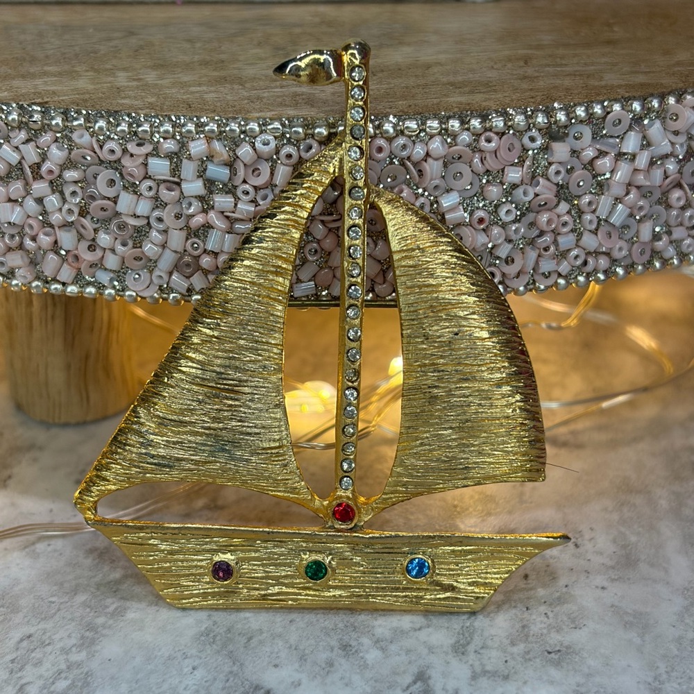 Vintage Sailboat Brooch Gold Tone Rhinestone Boat Ship Ocean Jewelry
